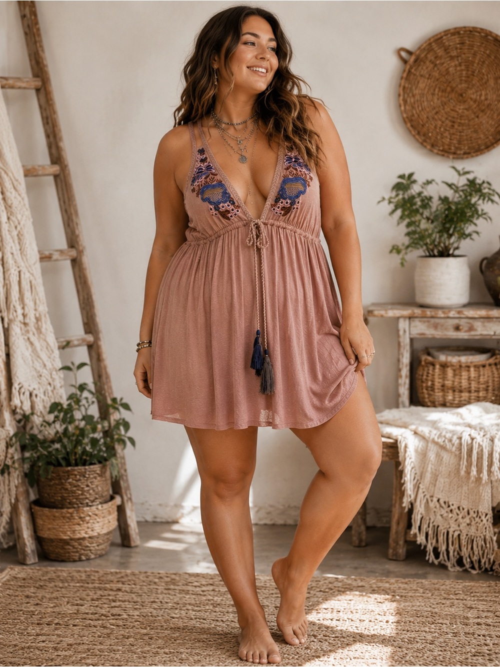 Free People Dusty Rose Embroidered Boho Mini Dress | Tassel Tie